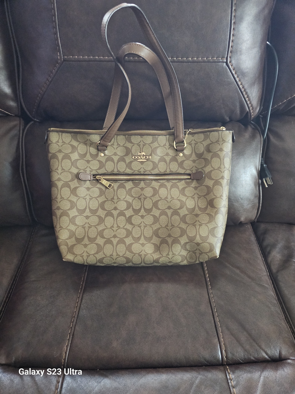 Coach Brown Signature Canvas Tote with Leather Trim - Picture 6 of 7